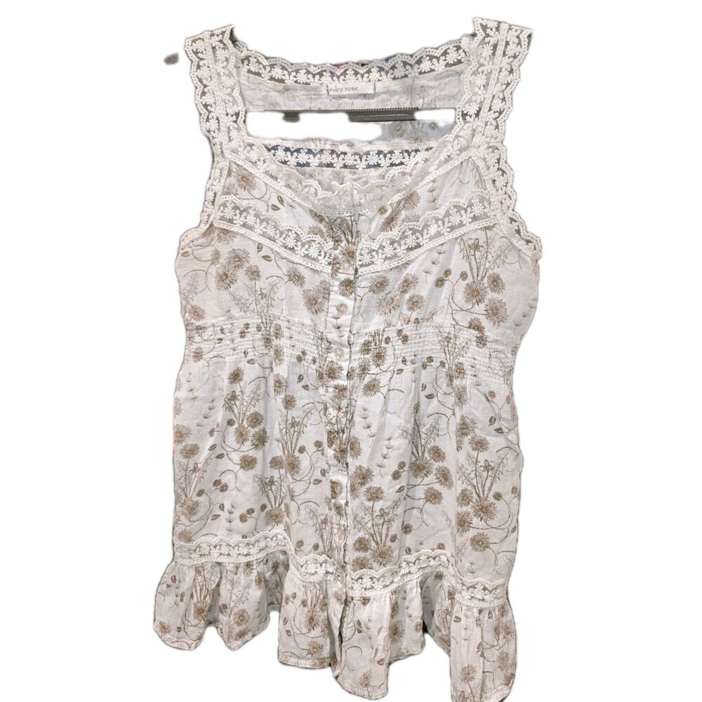 RUBY ROSE Sz S White Brown Floral Romance Boho Prairiecore Lace Tank Top Blouse